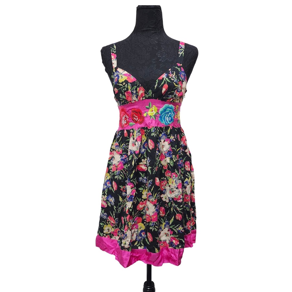 Johnny Was Dress XS Floral Embroidered Silk Blend Boho Fit & Flare Pink‎ Trim